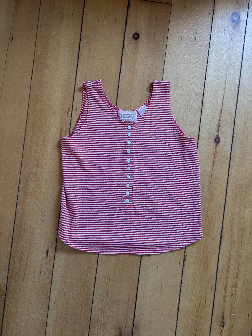Vintage Lindsay Gray Striped Henley Tank Top Red White Ribbed Button Front S